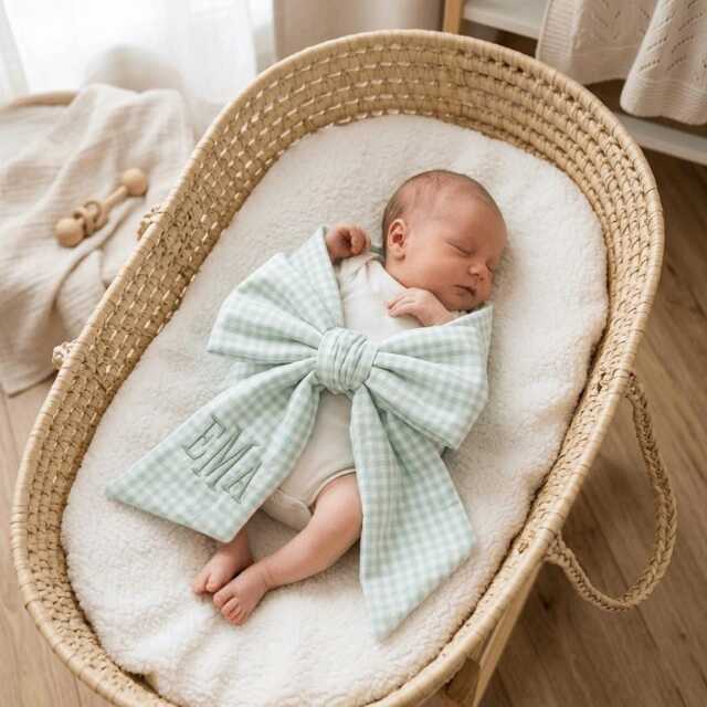 Custom Baby Initial Embroidered Newborn Bow Sash, Monogram Swaddle, Sash For Picture, Shower Gift - image 1