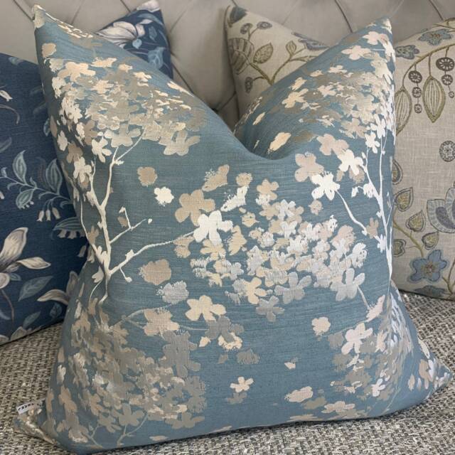 Darcey Duck Egg Cushion Cover, Blossom Floral Pillow Cover For Sofa - Bed, Blue Silver Design, Designer Fabric -Double Sided - image 1