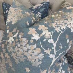Darcey Duck Egg Cushion Cover, Blossom Floral Pillow Cover For Sofa - Bed, Blue Silver Design, Designer Fabric -Double Sided - thumbnail 2