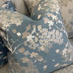 Darcey Duck Egg Cushion Cover, Blossom Floral Pillow Cover For Sofa - Bed, Blue Silver Design, Designer Fabric -Double Sided - thumbnail 3