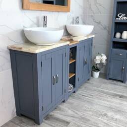 Bathroom Vanity Unit - Sink Washstand Slimline White Painted With Golden Onyx Worktop & Sit On Basins Taps Plugs Included - thumbnail 3