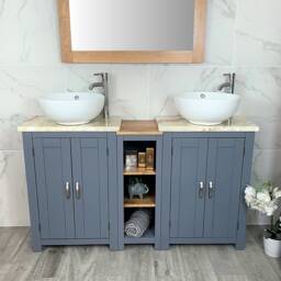 Bathroom Vanity Unit - Sink Washstand Slimline White Painted With Golden Onyx Worktop & Sit On Basins Taps Plugs Included