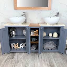 Bathroom Vanity Unit - Sink Washstand Slimline White Painted With Golden Onyx Worktop & Sit On Basins Taps Plugs Included - thumbnail 2