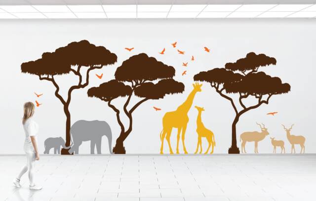 Africa Safari Tree Wall Decal Set Elephant Giraffe Impala Birds Kids Room Nursery Decor Removable #1394 - image 1