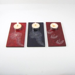 Set Of 3 Hand-Carved Stone Candle Holders - Peacock Feather Design, Tea Light - thumbnail 2