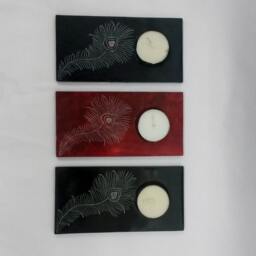 Set Of 3 Hand-Carved Stone Candle Holders - Peacock Feather Design, Tea Light - thumbnail 4
