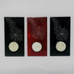 Set Of 3 Hand-Carved Stone Candle Holders - Peacock Feather Design, Tea Light - thumbnail 3