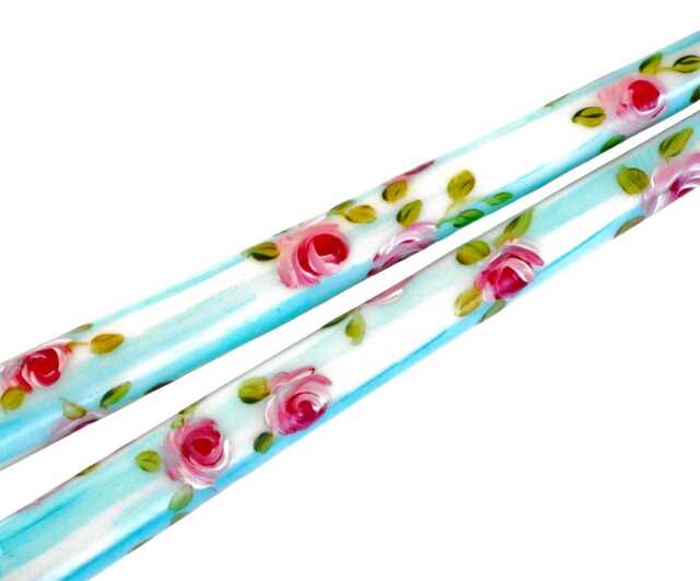 Pretty Hand-Painted Pink Roses Taper Candles Turquoise Blue Stripes, Floral Shabby Chic Decor - image 1
