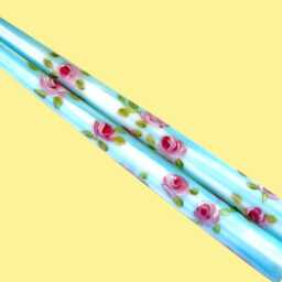 Pretty Hand-Painted Pink Roses Taper Candles Turquoise Blue Stripes, Floral Shabby Chic Decor - thumbnail 3