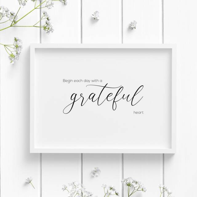 Begin Each Day With A Grateful Heart - Landscape Quote Print Inspirational Wall Art Mindful Home Typography Poster Unframed - image 1