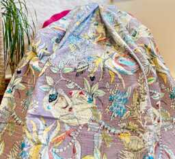 Kantha Stitch Pure Cotton Reversible Bed/Sofa Throw King Size Handmade Floral Dohar Quirky Pastel Lilac Tropical Exotic Forest Tribe - thumbnail 1