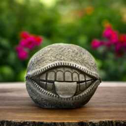 Concrete Sphere With Smile Statue Stone Abstract Ball Sculpture Cement Surreal Art Decor Indoor Garden Ornament Unique Handcast Gift - thumbnail 3