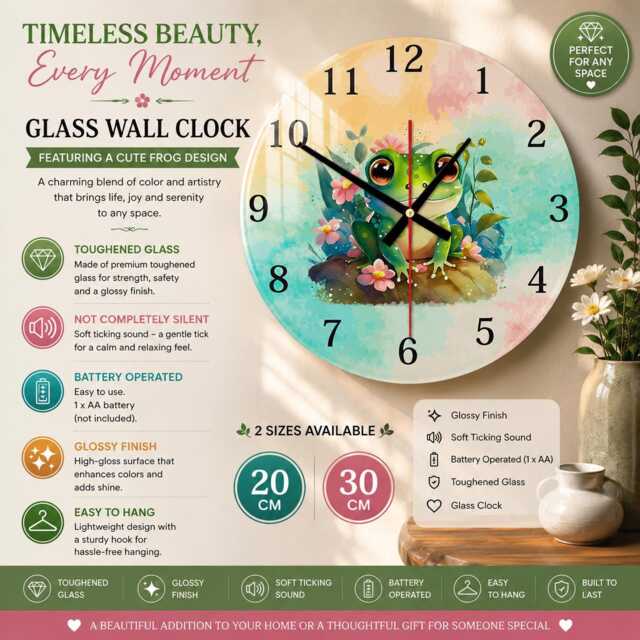 Happy Frog Glass Wall Clock Pastel Floral Decor - image 1
