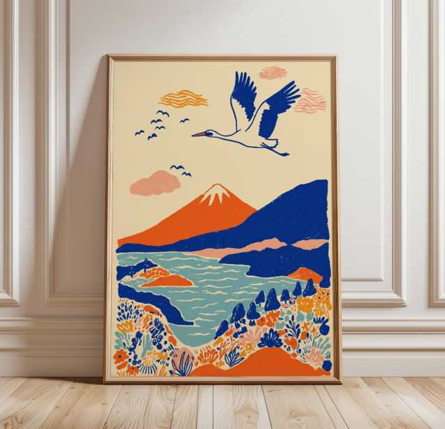 Japanese Crane Mountain Poster, Sun & Lake Landscape Wall Art, Graphic Illustration Style, Unframed Vertical Nature Paper Print - image 1