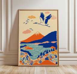 Japanese Crane Mountain Poster, Sun & Lake Landscape Wall Art, Graphic Illustration Style, Unframed Vertical Nature Paper Print - thumbnail 1