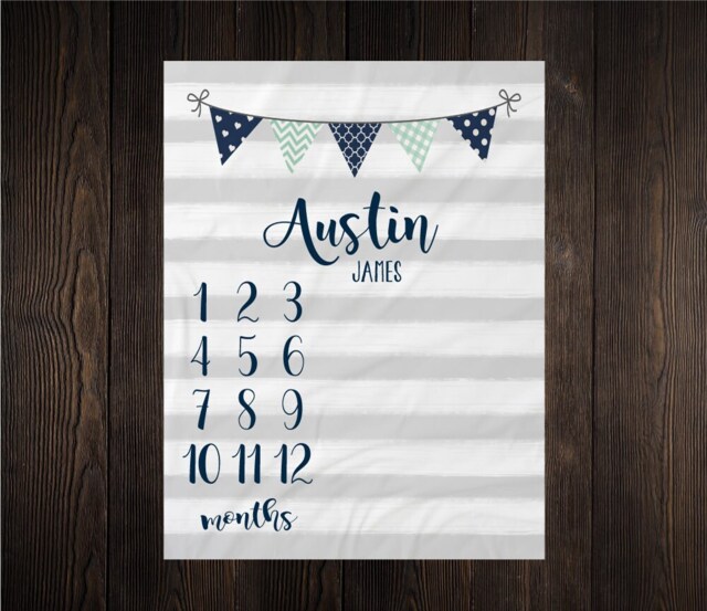 Boy Milestone Blanket Month Baby Growth Tracker Soft Fleece Shower Newborn Gift Watch Me Grow Gray Stripes - image 1