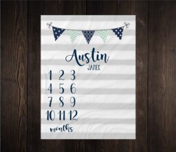 Boy Milestone Blanket Month Baby Growth Tracker Soft Fleece Shower Newborn Gift Watch Me Grow Gray Stripes - thumbnail 1