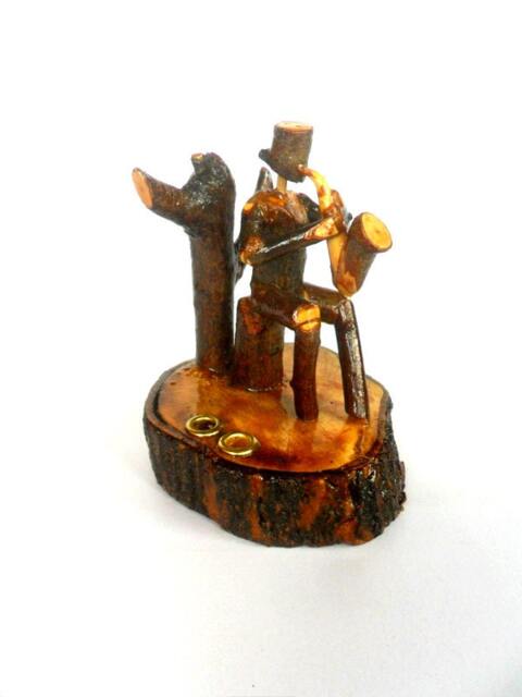 Natural Wood Carving Sculpture Saxophone Player Handmade Feclaimed Rustic Eco-Friendly Pencil Pen Holder Art Gift - image 1