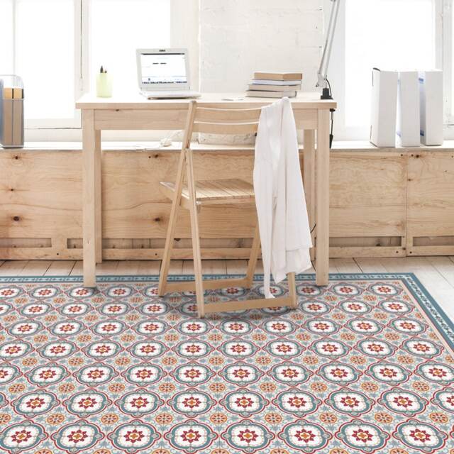 Vinyl Floor Mat With Decorative Tiles Pattern in Blue. Spanish Style Area Rug, Kitchen Printed On PVC. Art Mat - PVC Rugs - image 1