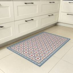 Vinyl Floor Mat With Decorative Tiles Pattern in Blue. Spanish Style Area Rug, Kitchen Printed On PVC. Art Mat - PVC Rugs - thumbnail 3