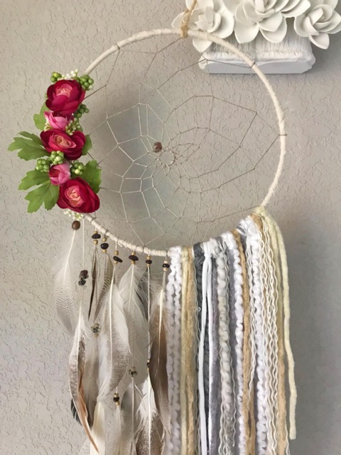 Rustic Feather Dream Catcher Flower Wall Hanging Bohemian Decor Wedding Nursery - image 1