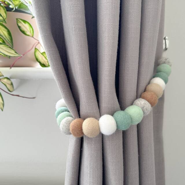 Mint & Grey Neutral Felt Ball Curtain Tie Backs - Pom Hold Back Custom Nursery Decor Baby Gift Colourful Pull - image 1