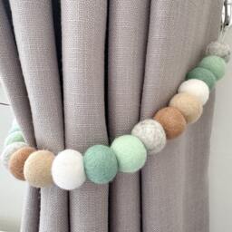 Mint & Grey Neutral Felt Ball Curtain Tie Backs - Pom Hold Back Custom Nursery Decor Baby Gift Colourful Pull - thumbnail 2
