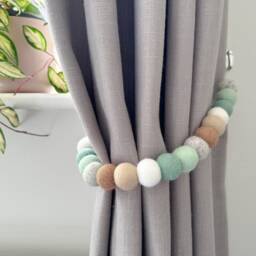Mint & Grey Neutral Felt Ball Curtain Tie Backs - Pom Hold Back Custom Nursery Decor Baby Gift Colourful Pull - thumbnail 1
