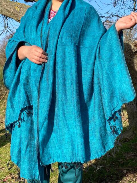 Handmade Nepal Yak Wool Blend Blanket Teal Blue Oversized Shawl Meditation Wrap - image 1
