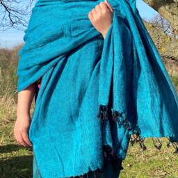 Handmade Nepal Yak Wool Blend Blanket Teal Blue Oversized Shawl Meditation Wrap - thumbnail 4