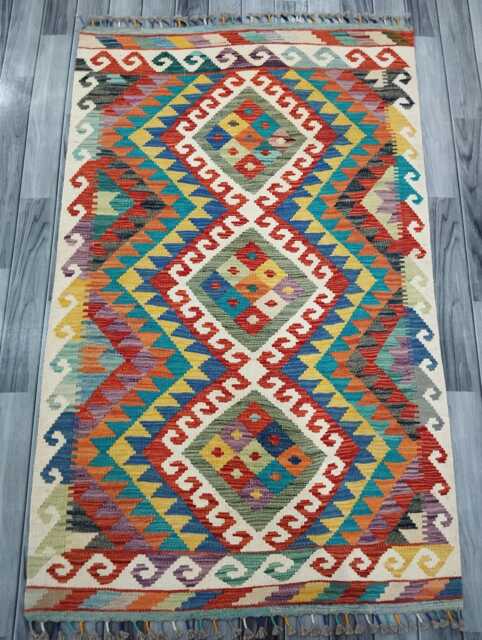 Multicolour Rug, Handmade Artisan Afghan Turkish Scandinavian Navajo Bohemian Flatweave Wool Kilim 159x100 cm - image 1