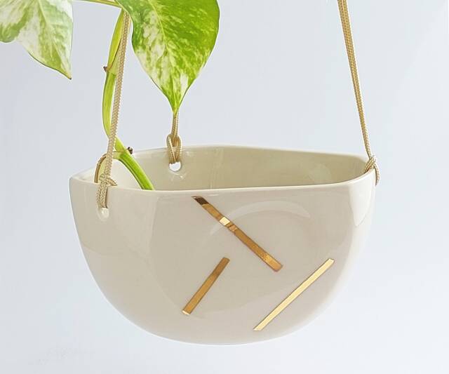 Small Ceramic Plant Hanger Off White & Gold, Modern Design Pot, Pot For Cactus Or Succulent Plant, Minimalist Style - image 1