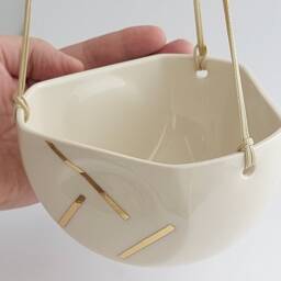 Small Ceramic Plant Hanger Off White & Gold, Modern Design Pot, Pot For Cactus Or Succulent Plant, Minimalist Style - thumbnail 2