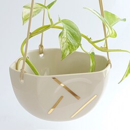 Small Ceramic Plant Hanger Off White & Gold, Modern Design Pot, Pot For Cactus Or Succulent Plant, Minimalist Style - thumbnail 3