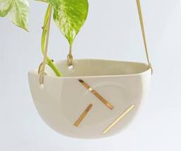 Small Ceramic Plant Hanger Off White & Gold, Modern Design Pot, Pot For Cactus Or Succulent Plant, Minimalist Style - thumbnail 1