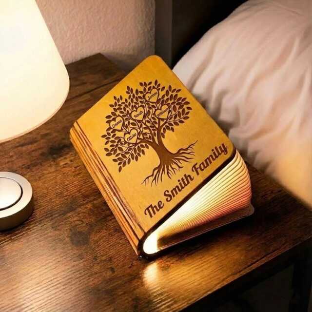 Personalized Family Tree Book Lamp, Custom Name Wood Folding Father's Day Mother's Gift, Gift For Grandparents - image 1