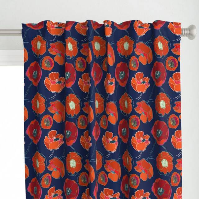 Poppy Curtain Panel - Navy Red Floral Botanical Summer Blue Flowers Custom California Poppies By Limezinniasdesign - image 1