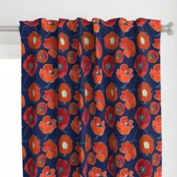 Poppy Curtain Panel - Navy Red Floral Botanical Summer Blue Flowers Custom California Poppies By Limezinniasdesign - thumbnail 1