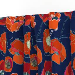 Poppy Curtain Panel - Navy Red Floral Botanical Summer Blue Flowers Custom California Poppies By Limezinniasdesign - thumbnail 3