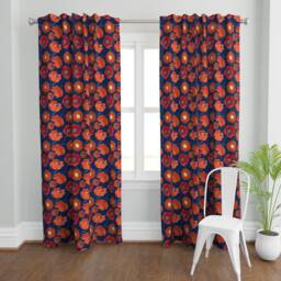 Poppy Curtain Panel - Navy Red Floral Botanical Summer Blue Flowers Custom California Poppies By Limezinniasdesign - thumbnail 2