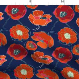 Poppy Curtain Panel - Navy Red Floral Botanical Summer Blue Flowers Custom California Poppies By Limezinniasdesign - thumbnail 4