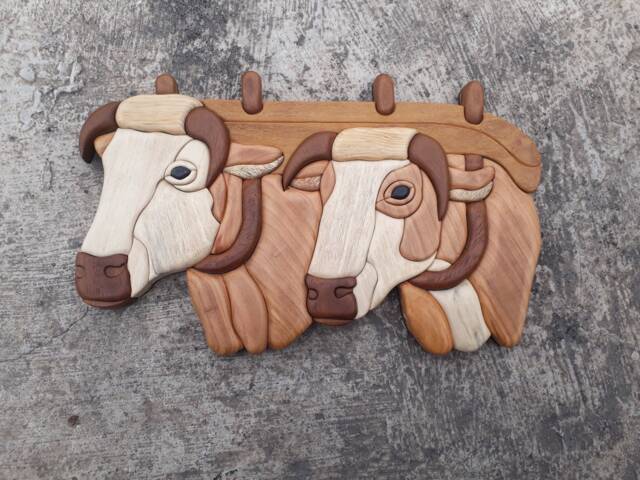 ??ntarsi??a Oxen , Intarsia Wooden Art, Wood Animal, Wall Decor, Home Ox Cart, Farm, South, Cow, Woodworking, Agriculture - image 1