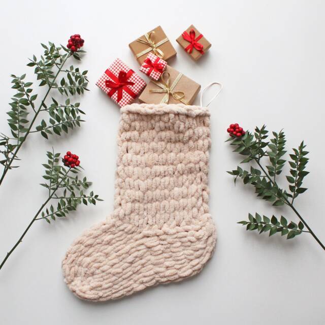 Chunky Knitted Christmas Stocking, Cozy Home Decoration, Xmas Gift Soft Stockings, Hand Crafted Beige Stocking - image 1