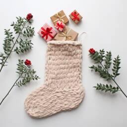 Chunky Knitted Christmas Stocking, Cozy Home Decoration, Xmas Gift Soft Stockings, Hand Crafted Beige Stocking - thumbnail 1