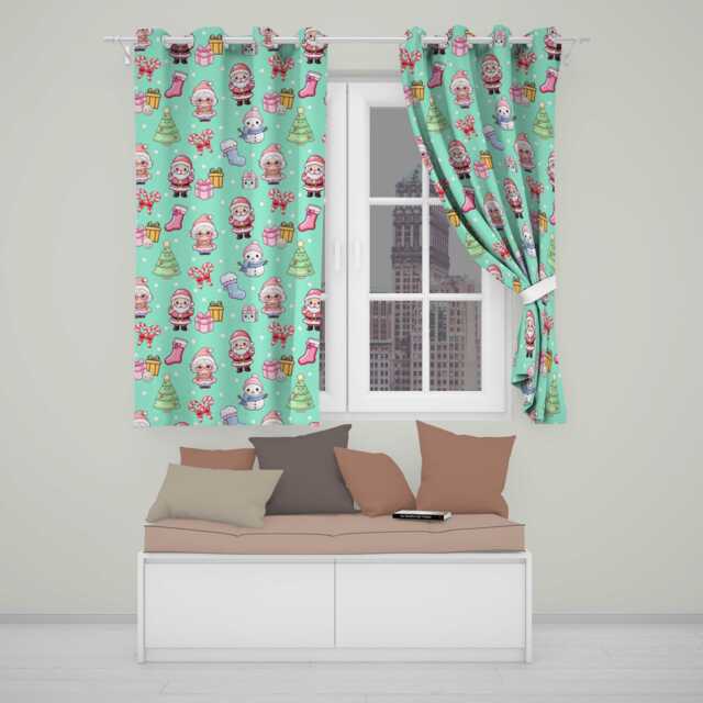 Cute Kawaii Santa Snowman Gift Characters Mint Green Background Seamless Pattern Readymade Eyelet Ring Top Thermal 100% Blackout Curtains - image 1