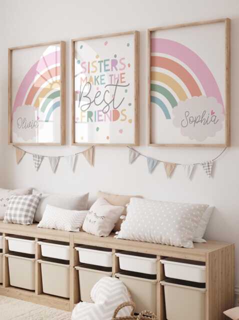 Set Of 3 Nursery Prints, Sisters Make The Best Friends Bedroom, Decor, Personalised Rainbow Print, Siblings Wall Art - image 1