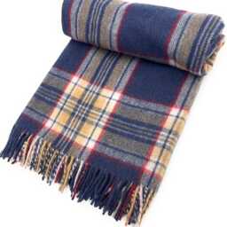 Scottish Stewart Navy Tartan Wool Blanket, Fringed Throw - thumbnail 2