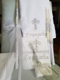 Baptism Towels, Candles, Oil Sheet For Greek Orthodox Baptism, Bath Towel, Embroidered, Soap, Bottle