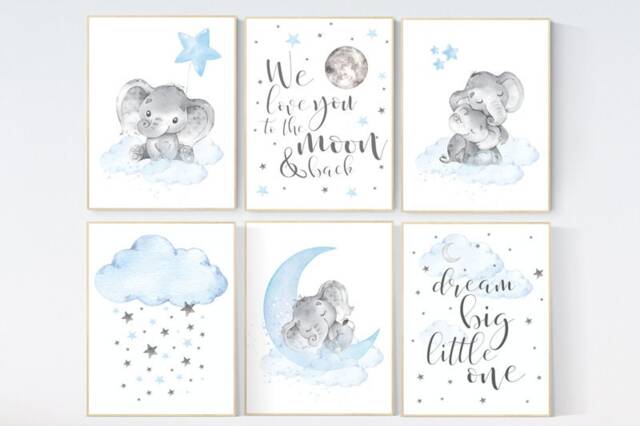 Elephant Nursery Decor Blue Gray Moon Stars Art Print - image 1