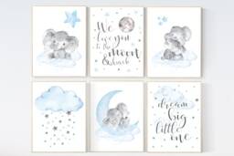 Elephant Nursery Decor Blue Gray Moon Stars Art Print - thumbnail 1